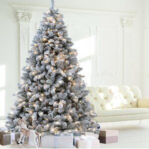 Flocked Christmas Tree, 6ft Prelit Christmas Tree with Lights, 10 Functions